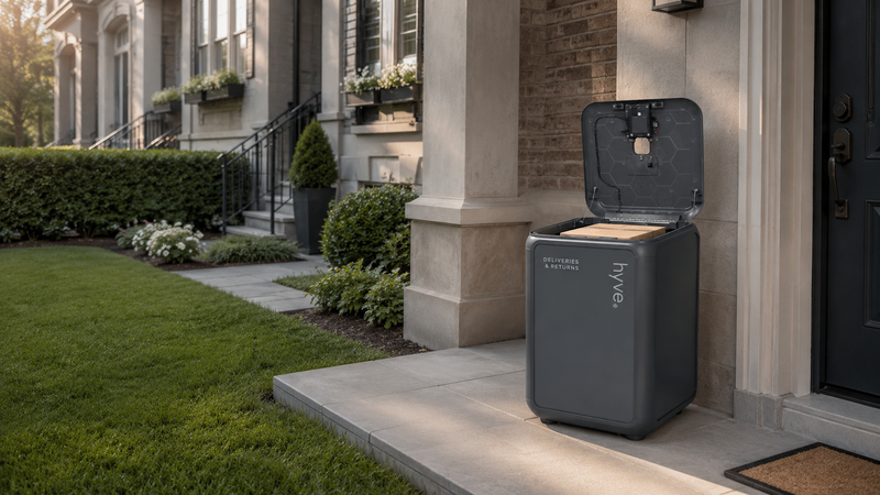 A sealed return parcel inside an open smart delivery locker beside a front door