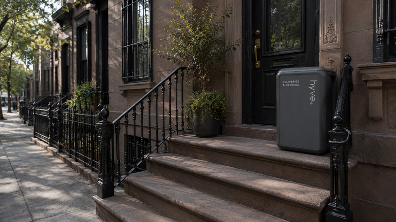A smart delivery locker anchored beside the iron gate of a Brooklyn brownstone stoop